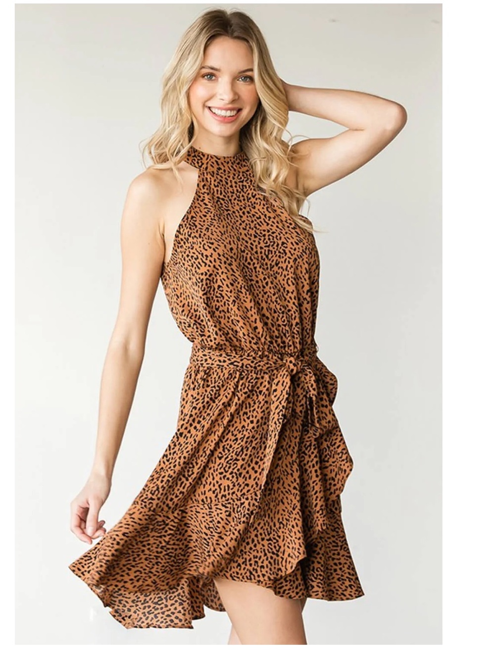 First Love Leopard Print belted Waist Mini Dress sleeveless dress - Brown